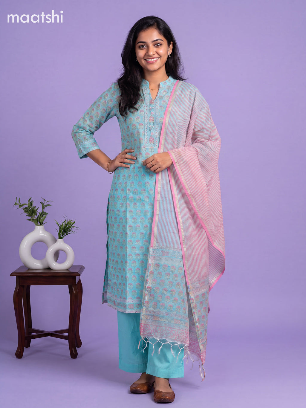 Light Blue Kota Floral Printed Straight Suit