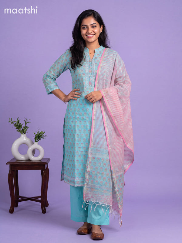 Light Blue Kota Floral Printed Straight Suit