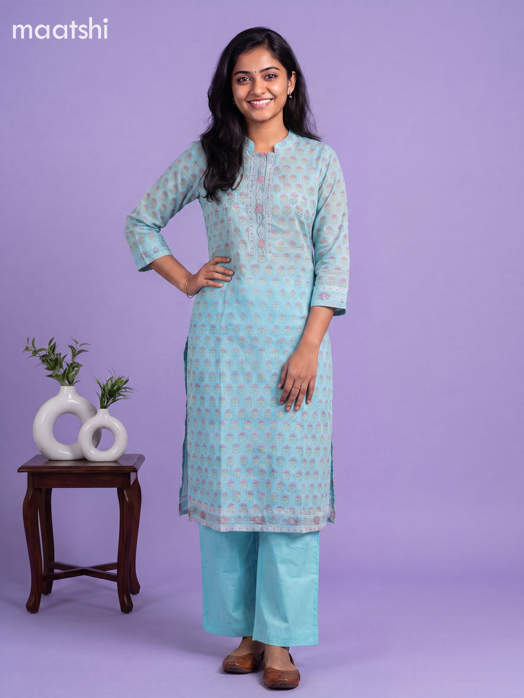 Light Blue Kota Floral Printed Straight Suit