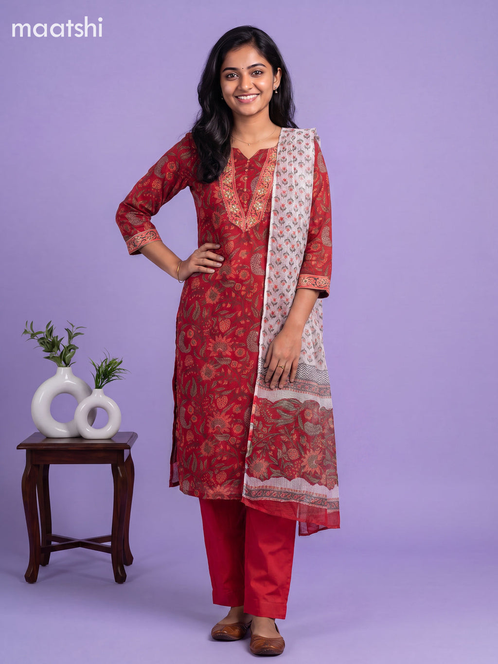 Kumkum Red Kota Floral Printed Straight Suit