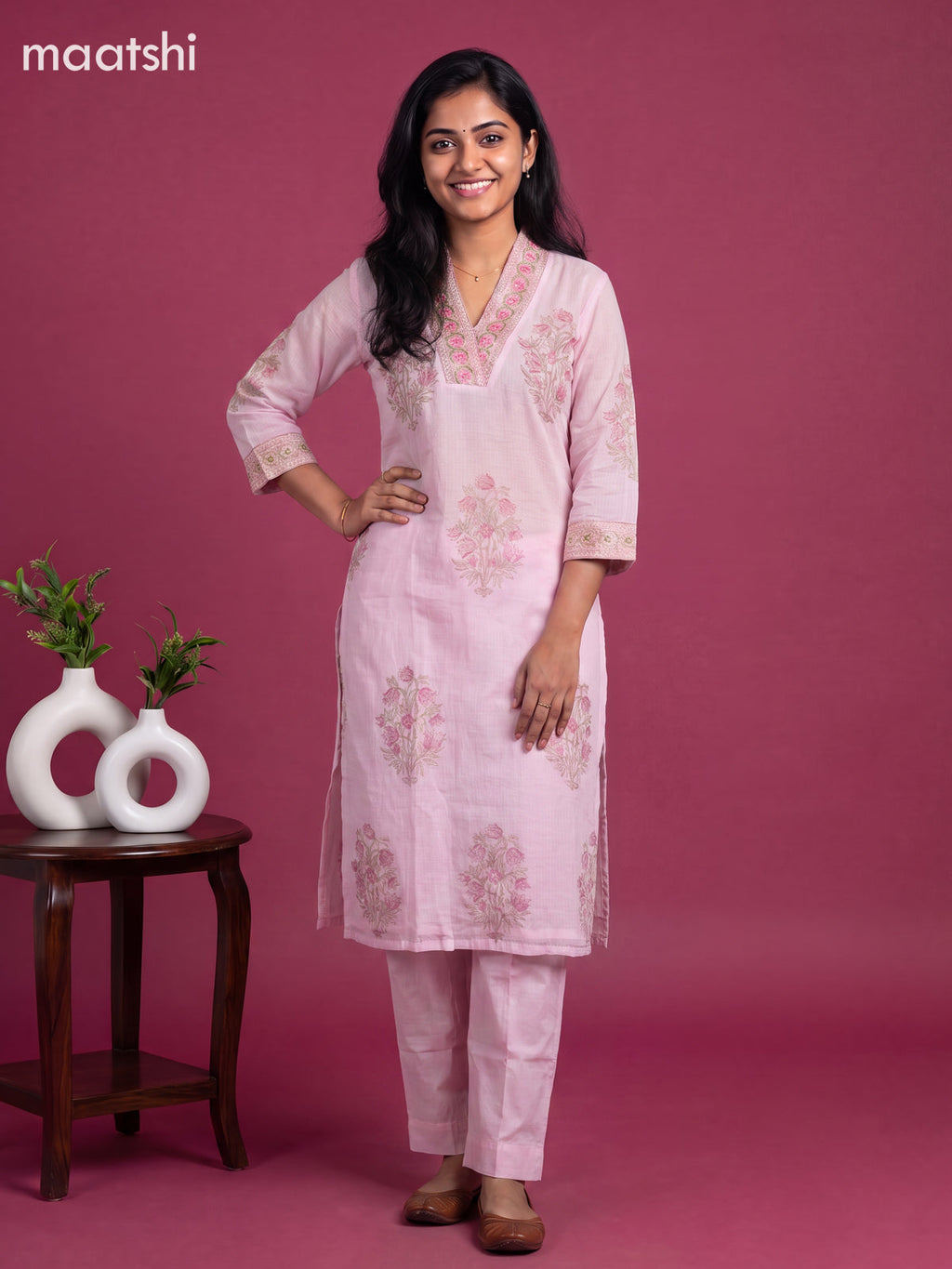 Baby Pink Kota Floral Printed Straight Suit