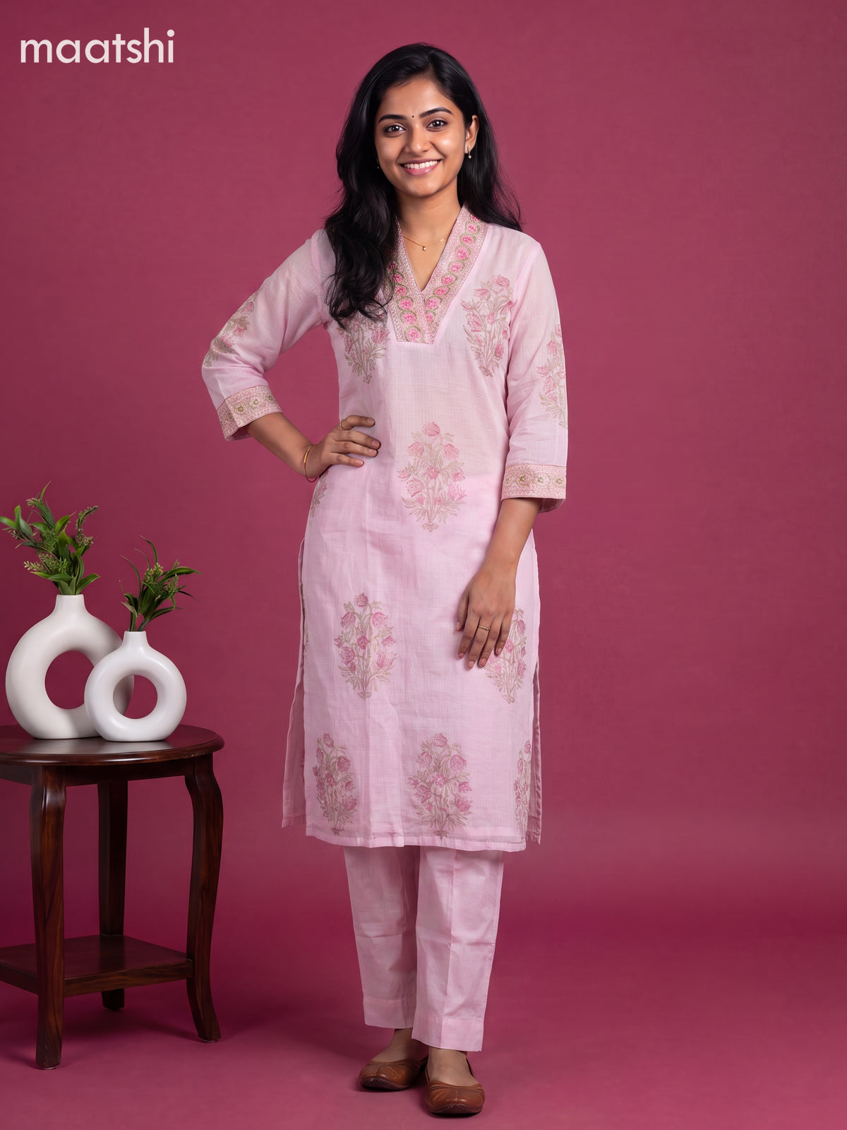 Baby Pink Kota Floral Printed Straight Suit
