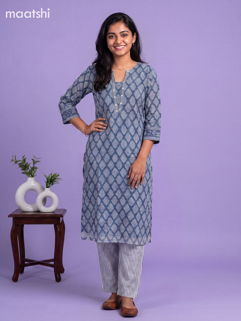 Bluish Grey Kota Floral Printed Straight Suit