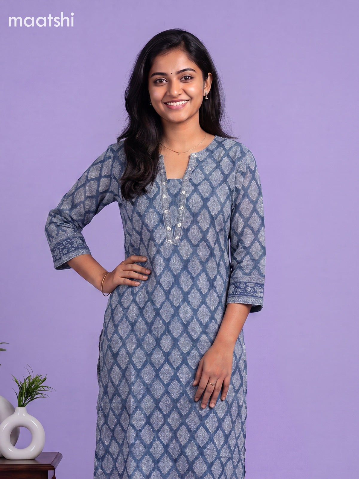 Bluish Grey Kota Floral Printed Straight Suit