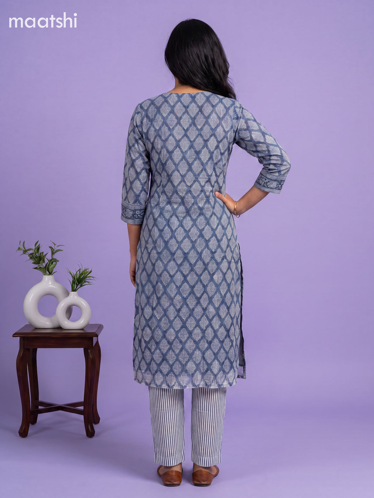 Bluish Grey Kota Floral Printed Straight Suit