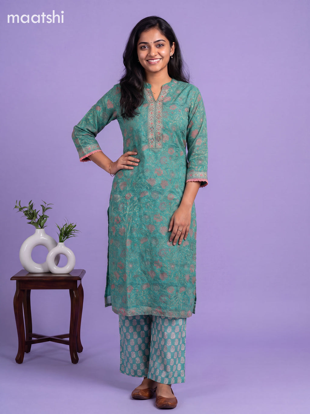 Teal Green Kota Floral Printed Straight Suit