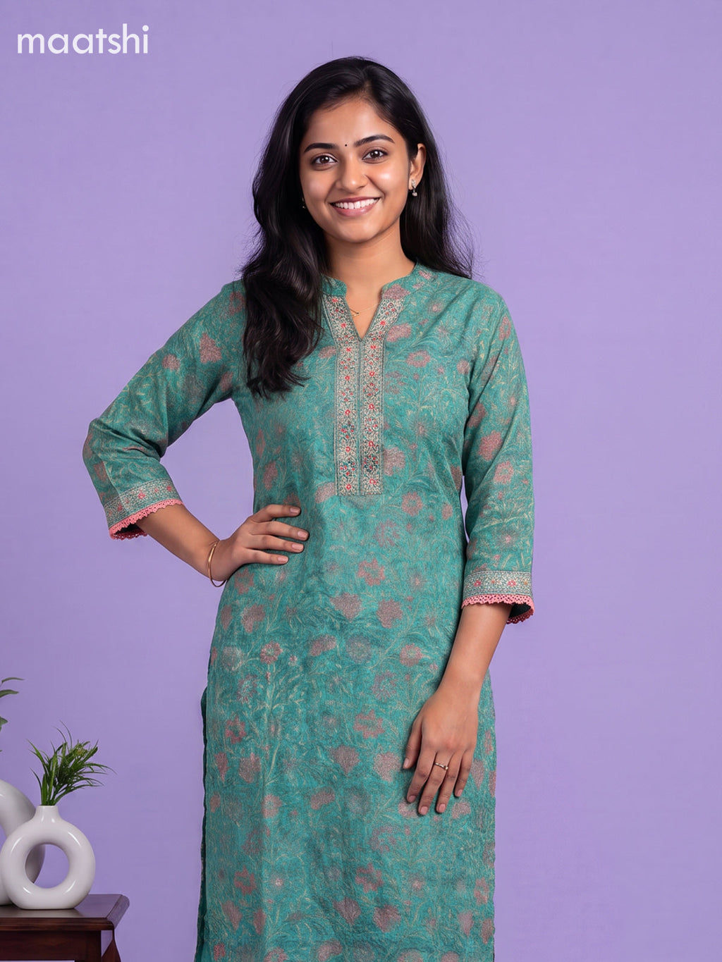 Teal Green Kota Floral Printed Straight Suit