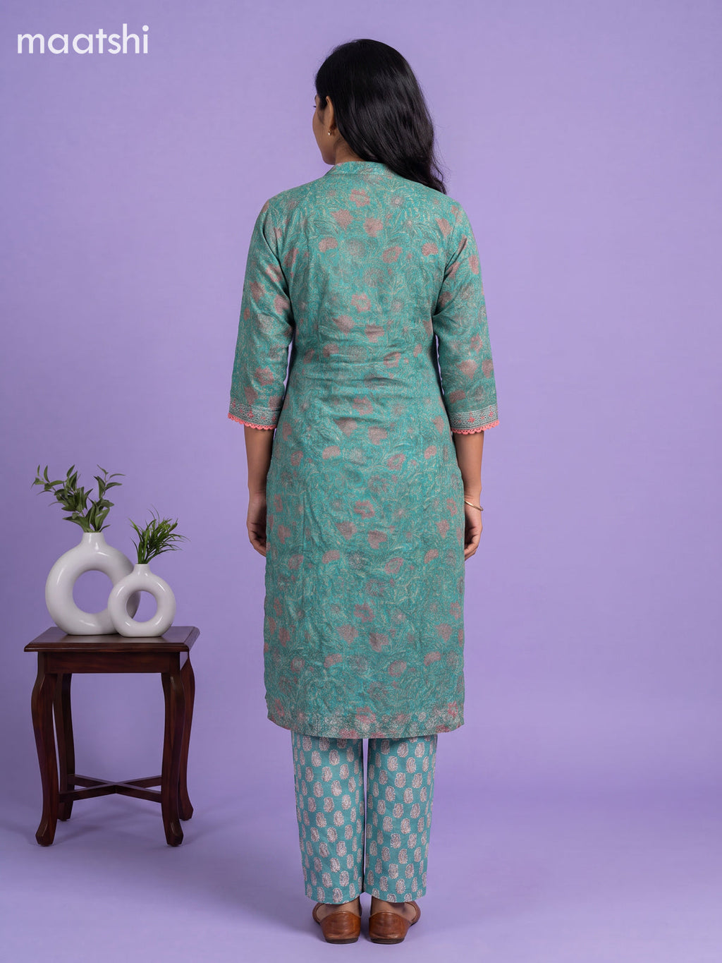 Teal Green Kota Floral Printed Straight Suit