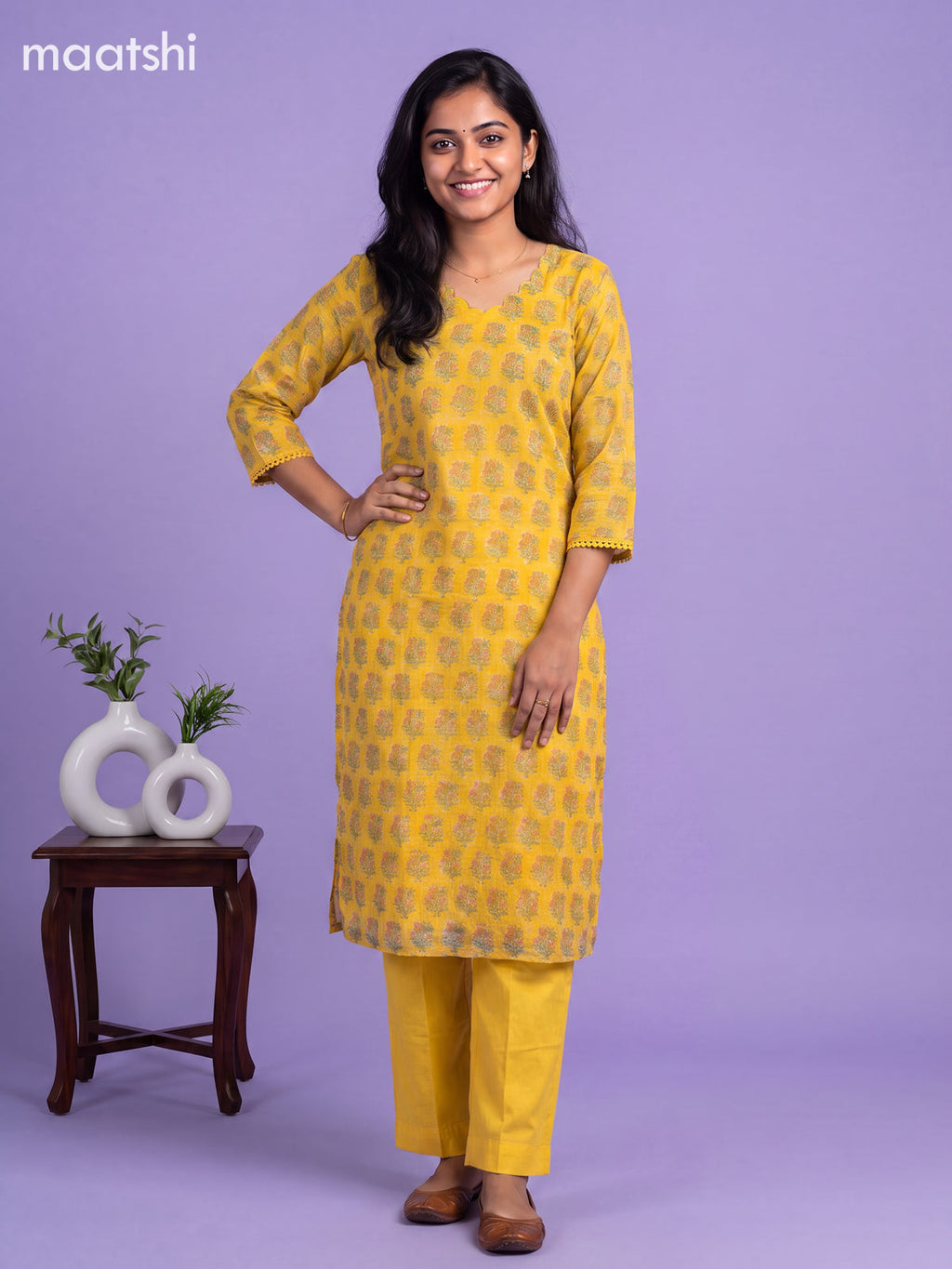 Yellow Kota Floral Printed Straight Suit