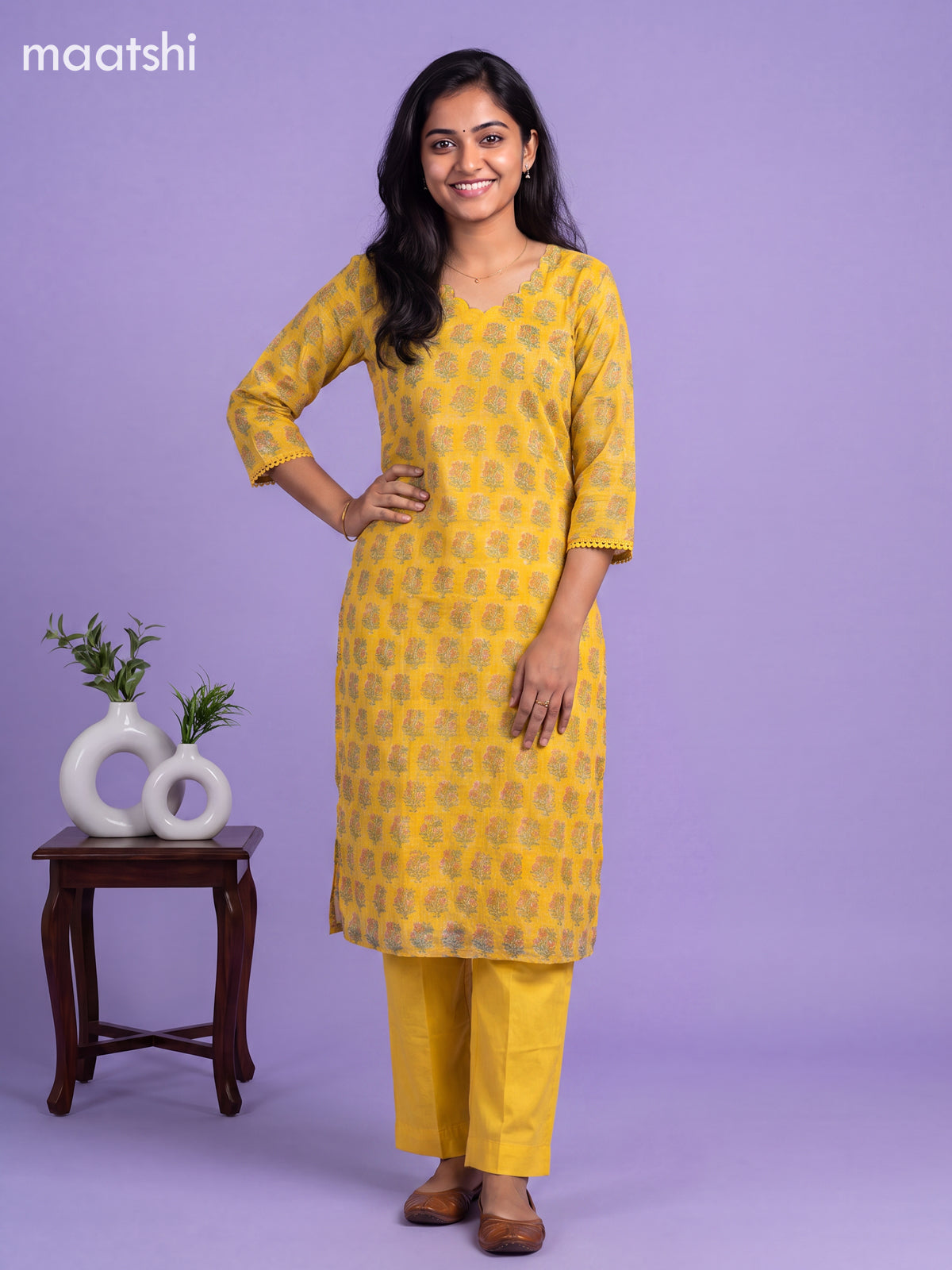 Yellow Kota Floral Printed Straight Suit