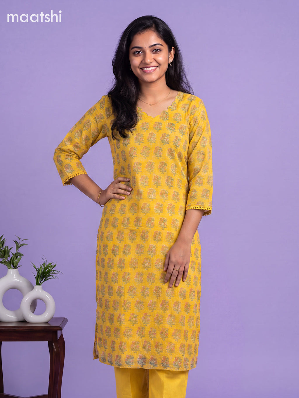Yellow Kota Floral Printed Straight Suit