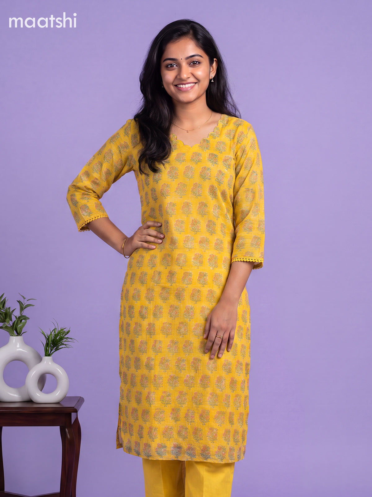 Yellow Kota Floral Printed Straight Suit