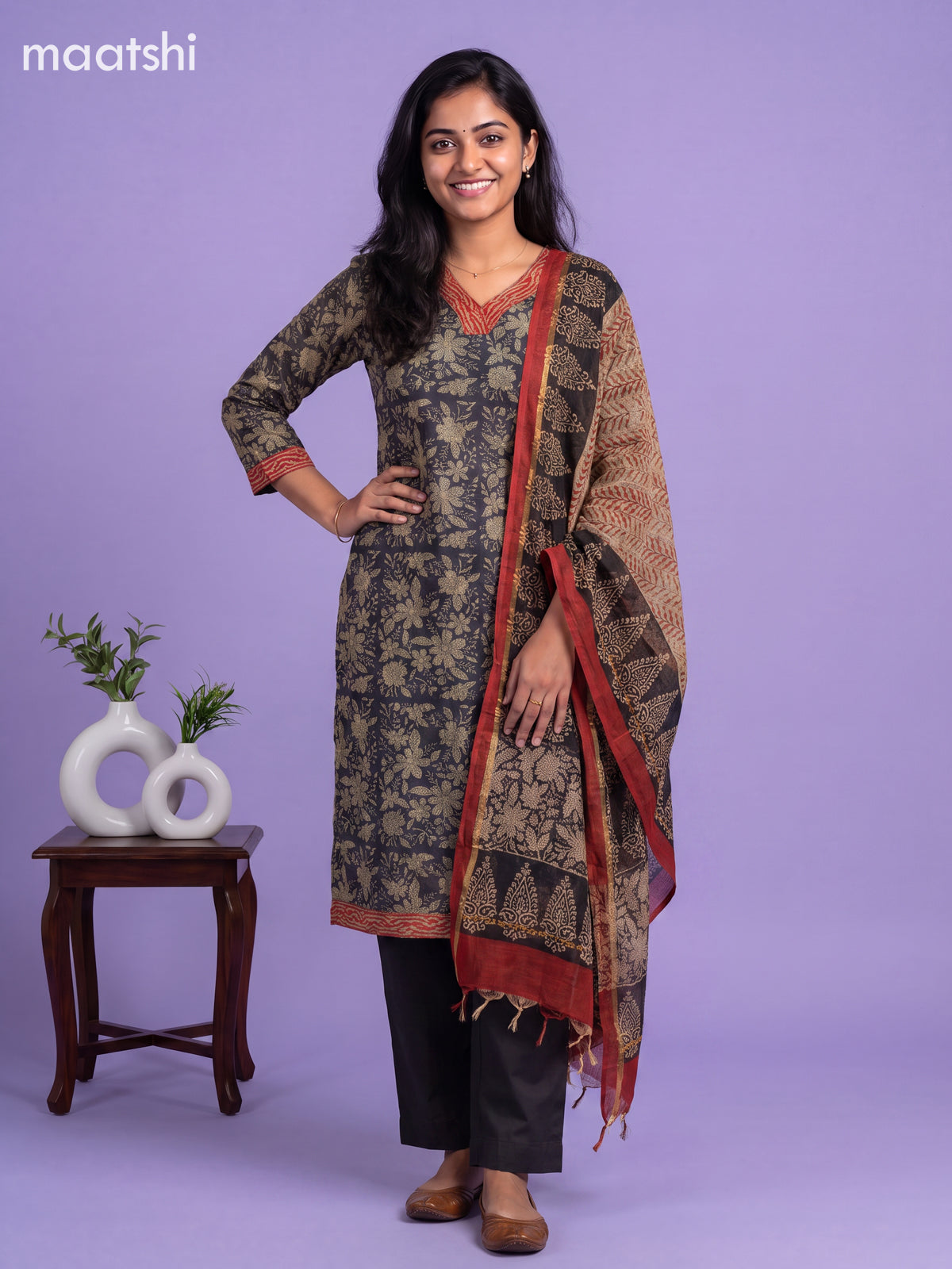 Black Kota Floral Printed Straight Suit