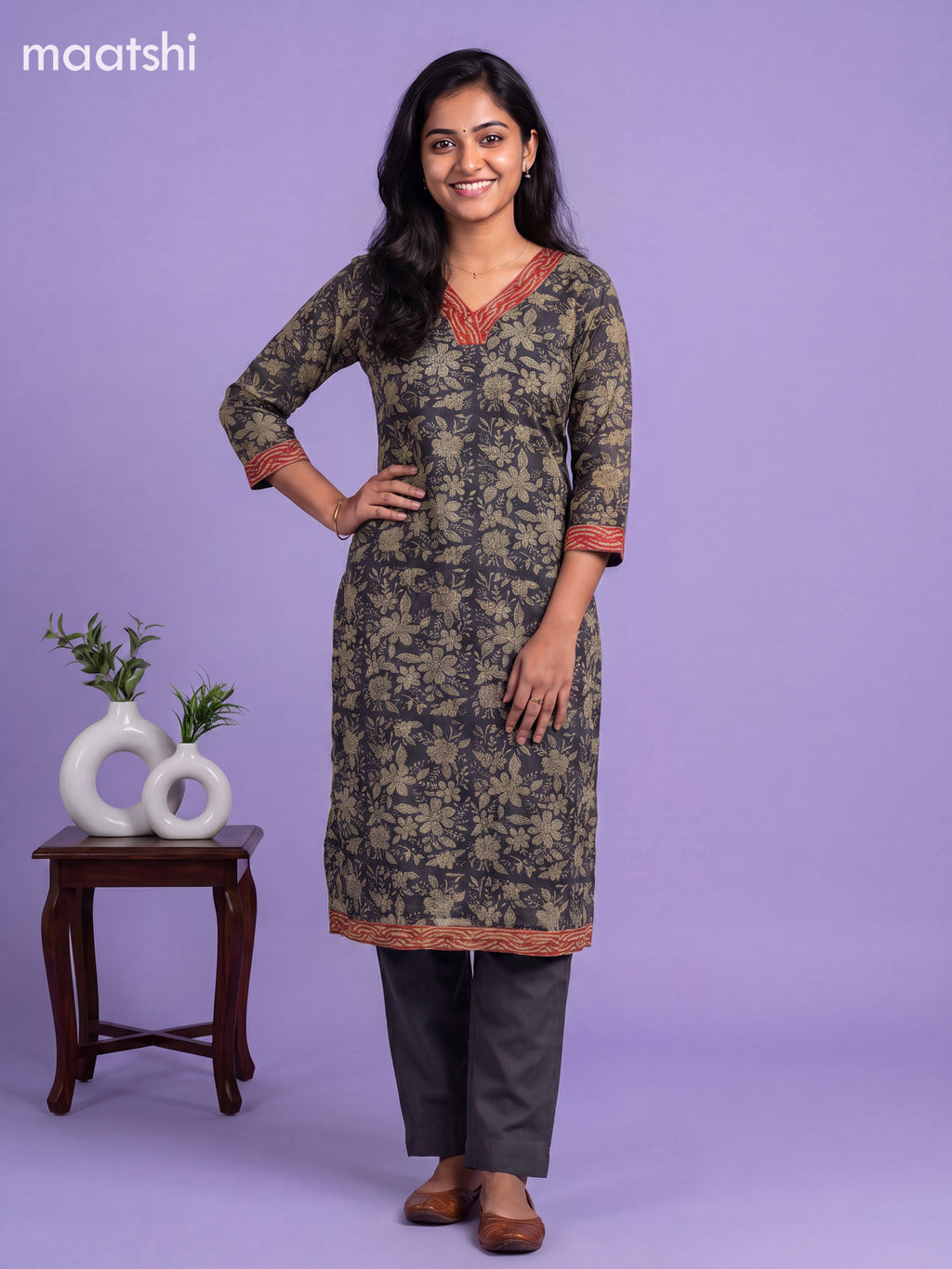 Black Kota Floral Printed Straight Suit
