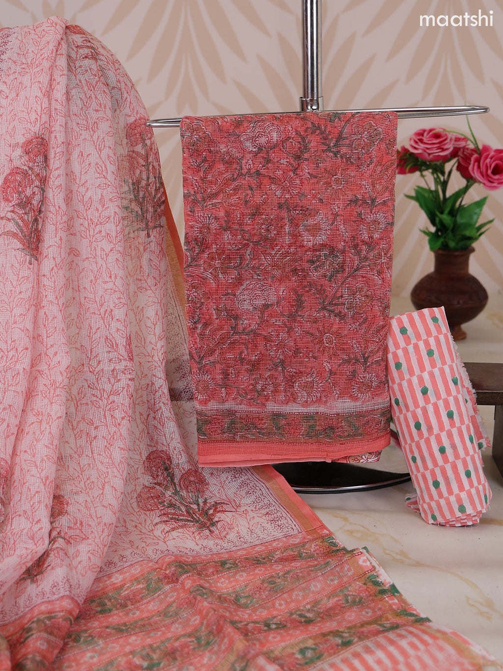 Peach and Off White Kota Dress Material With Allover Floral Prints and Bottom & Dupatta