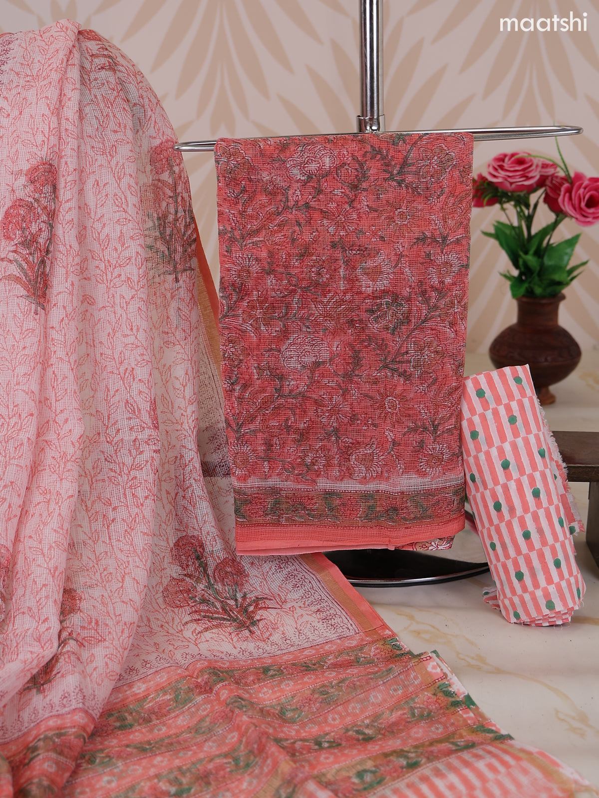Peach and Off White Kota Dress Material With Allover Floral Prints and Bottom & Dupatta