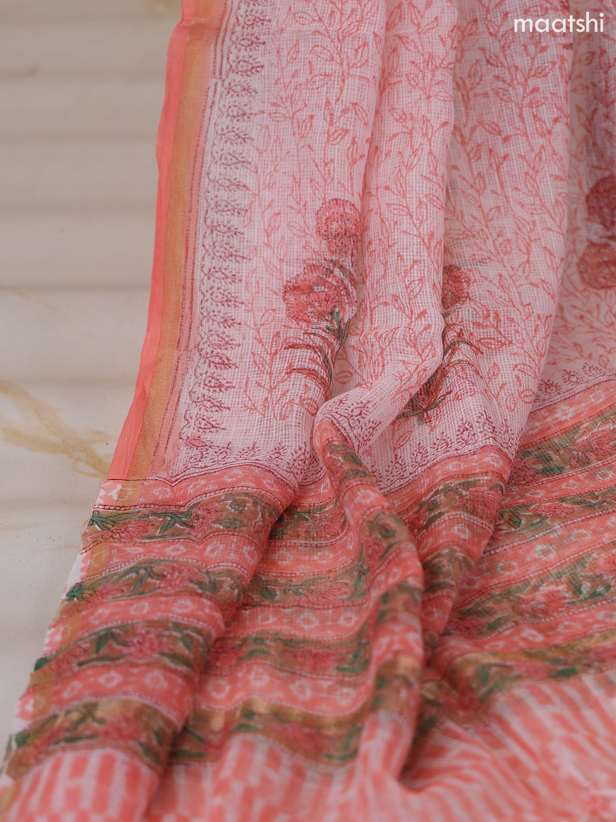 Peach and Off White Kota Dress Material With Allover Floral Prints and Bottom & Dupatta