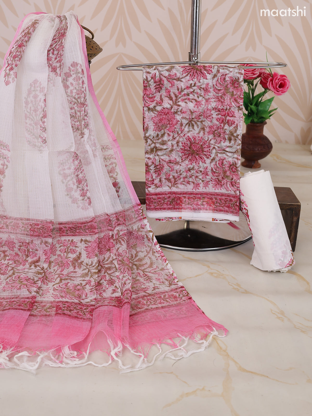 Off White and Pink Kota Dress Material With Allover Floral Prints and Bottom & Dupatta