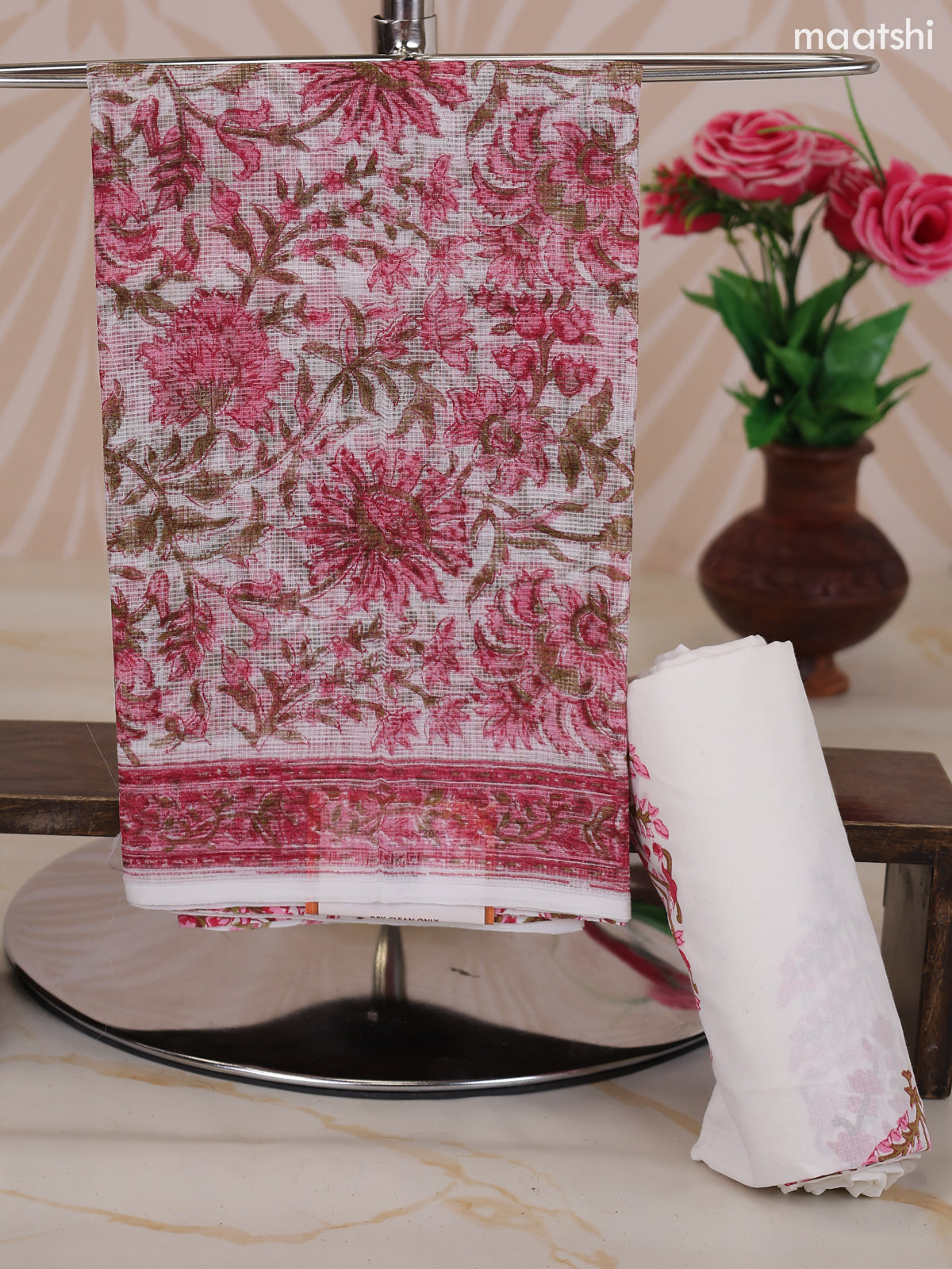 Off White and Pink Kota Dress Material With Allover Floral Prints and Bottom & Dupatta