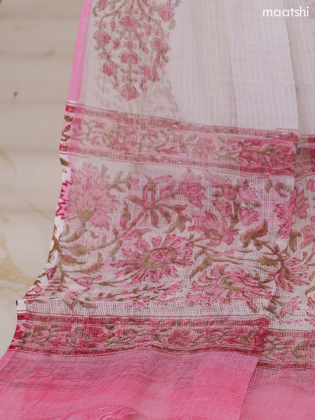 Off White and Pink Kota Dress Material With Allover Floral Prints and Bottom & Dupatta