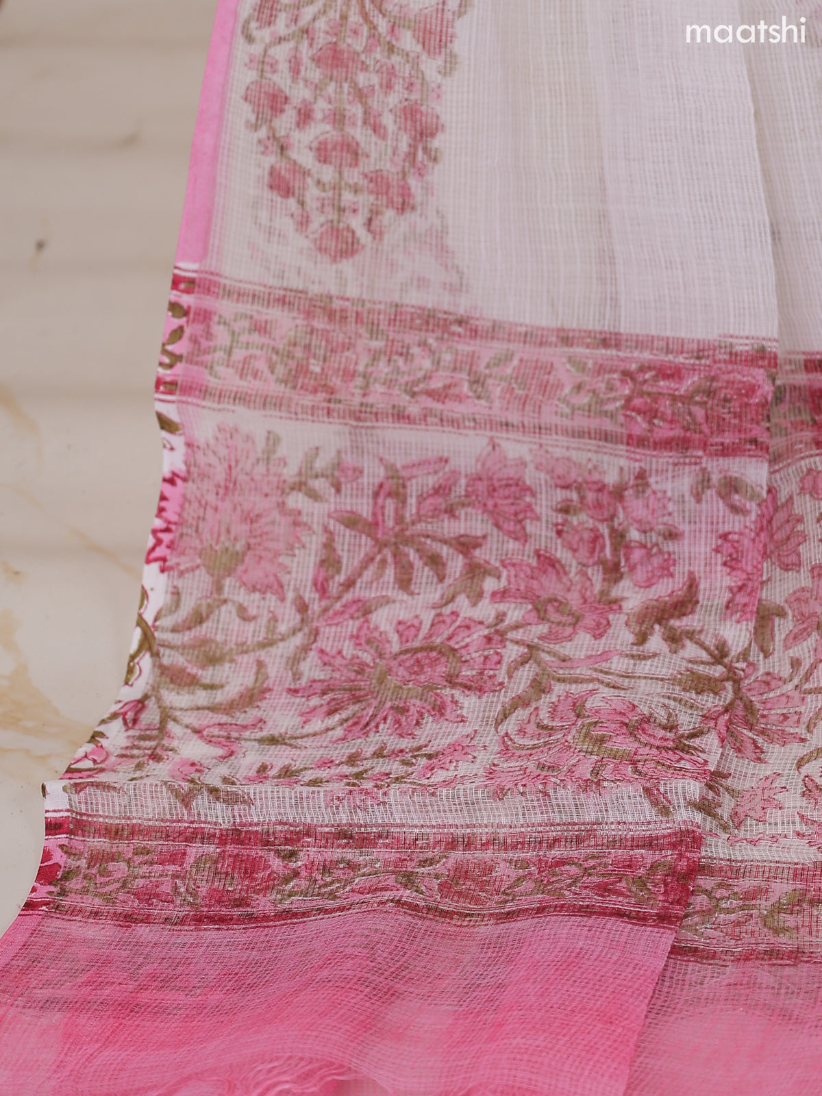 Off White and Pink Kota Dress Material With Allover Floral Prints and Bottom & Dupatta