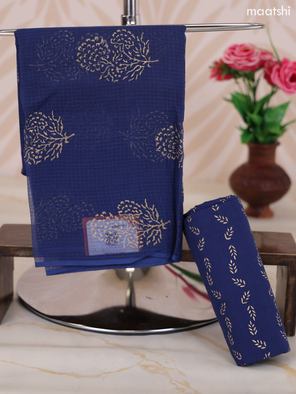 Navy Blue and Gold Kota Dress Material With Allover Floral Prints and Bottom & Dupatta