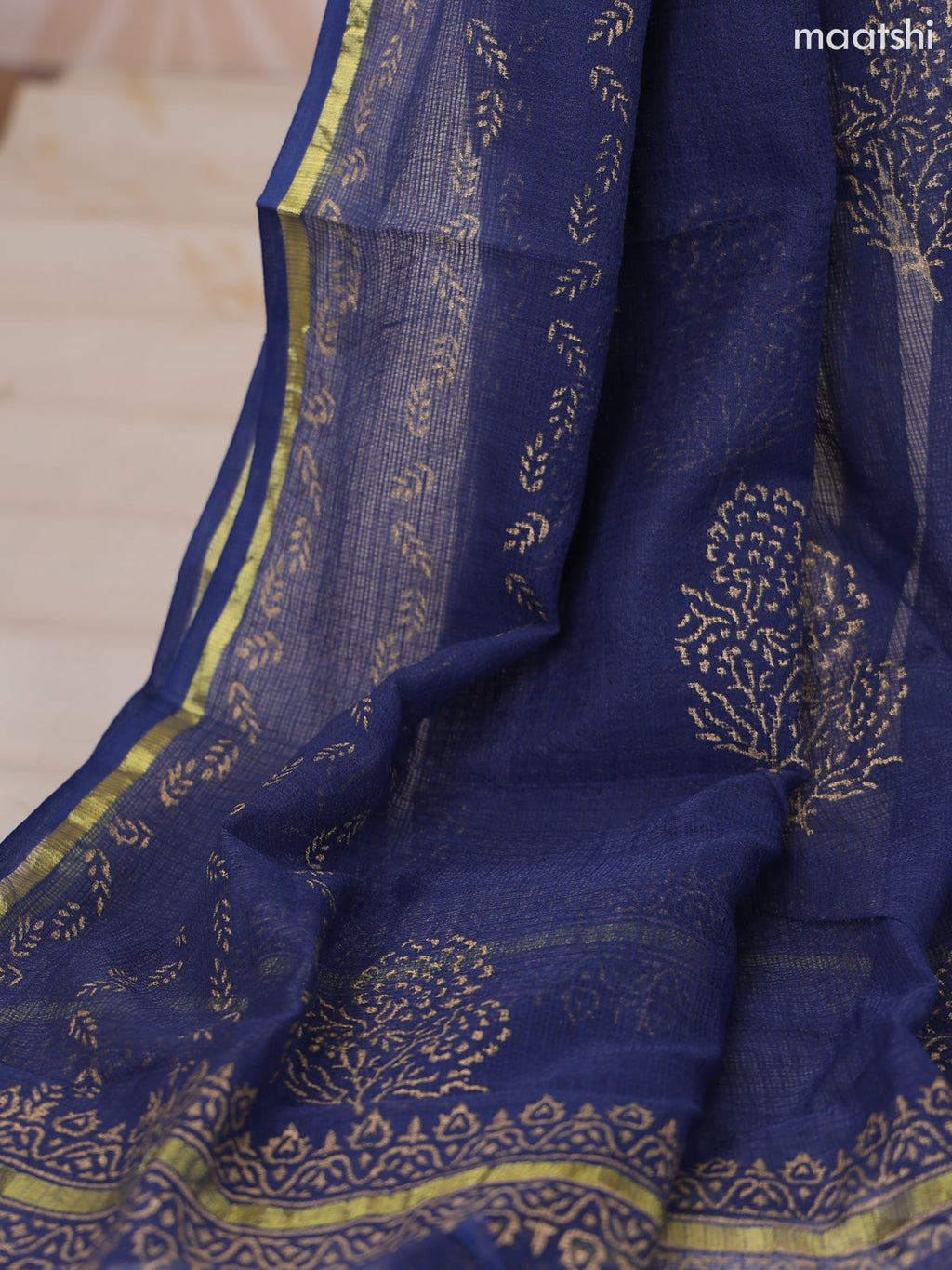 Navy Blue and Gold Kota Dress Material With Allover Floral Prints and Bottom & Dupatta