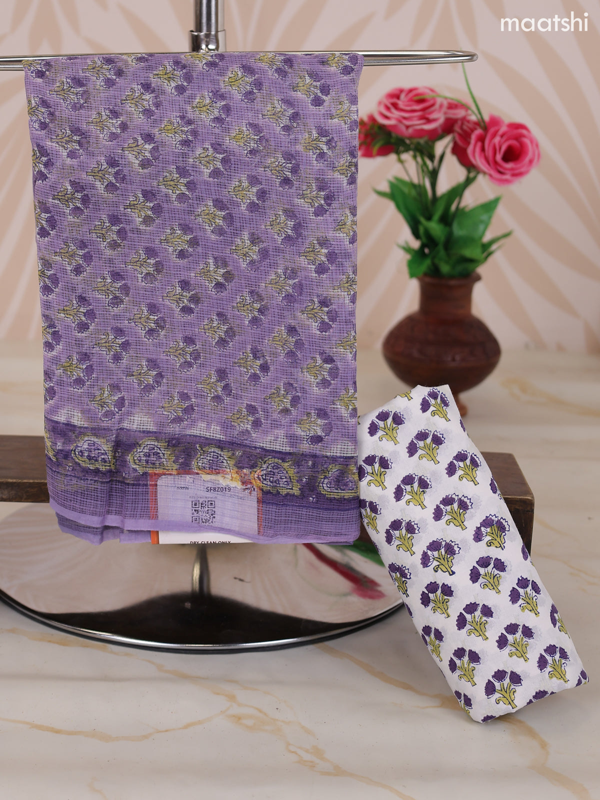 Pastel Purple and Off White & Purple Kota Dress Material With Allover Floral Prints and Bottom & Dupatta