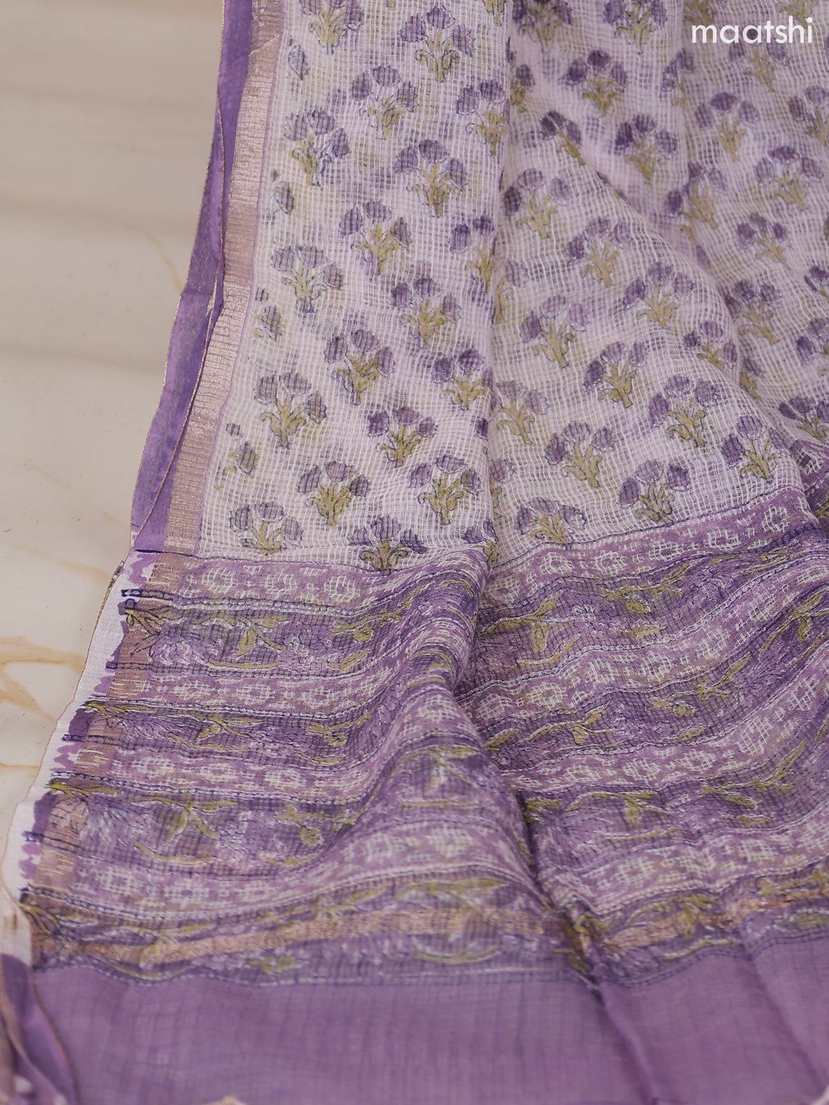 Pastel Purple and Off White & Purple Kota Dress Material With Allover Floral Prints and Bottom & Dupatta