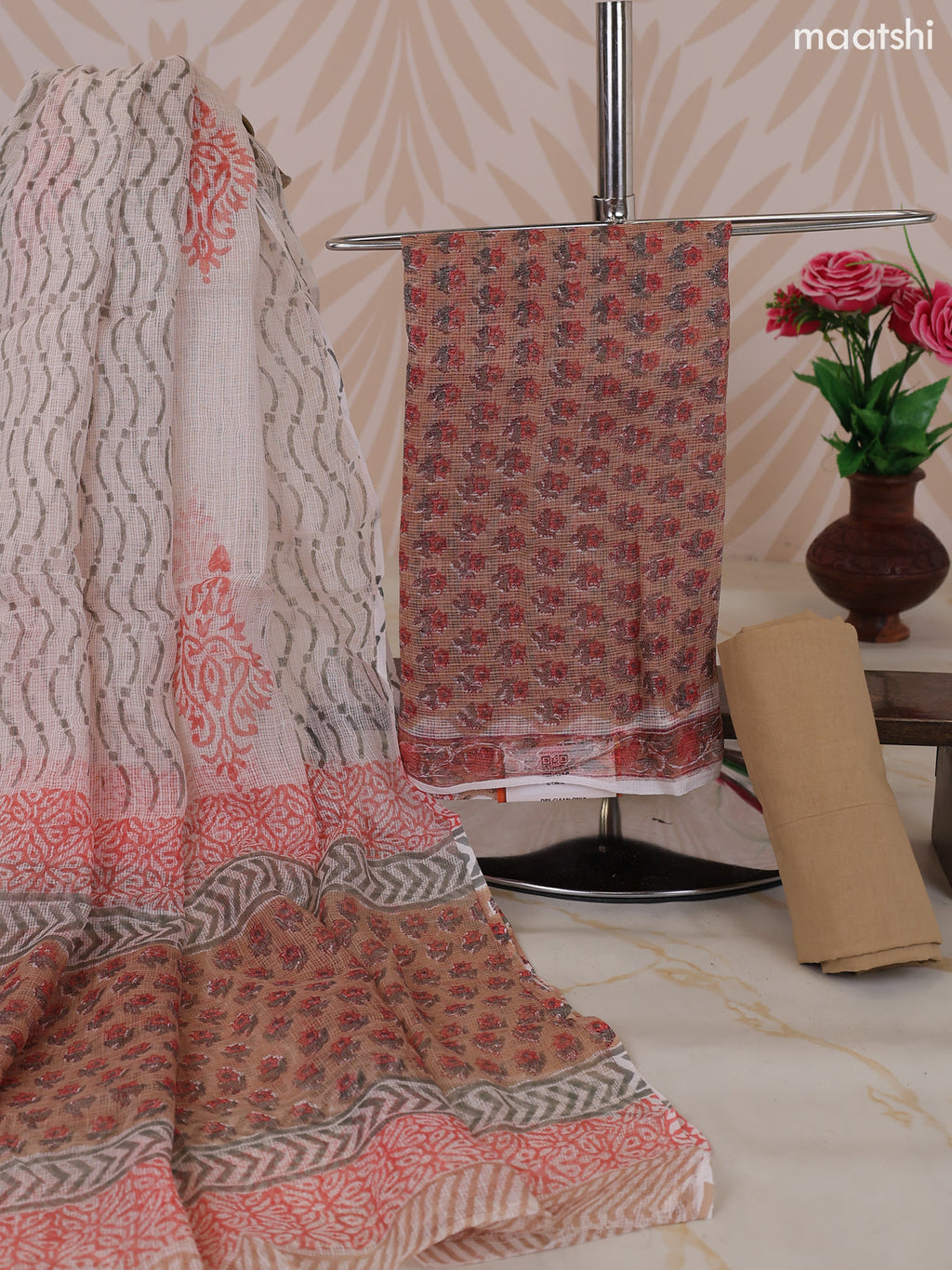 Biege and Off White & Purple Kota Dress Material With Allover Floral Prints and Bottom & Dupatta