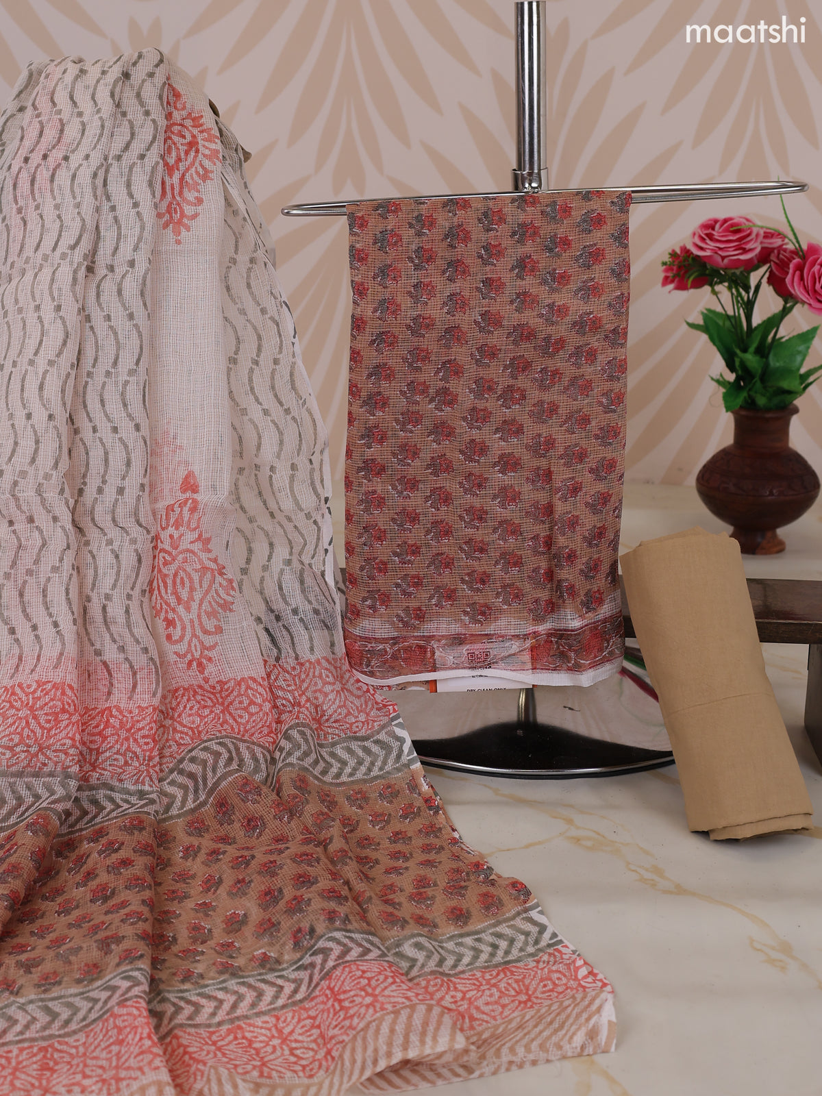 Biege and Off White & Purple Kota Dress Material With Allover Floral Prints and Bottom & Dupatta