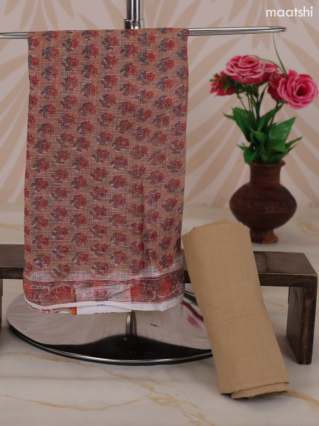 Biege and Off White & Purple Kota Dress Material With Allover Floral Prints and Bottom & Dupatta