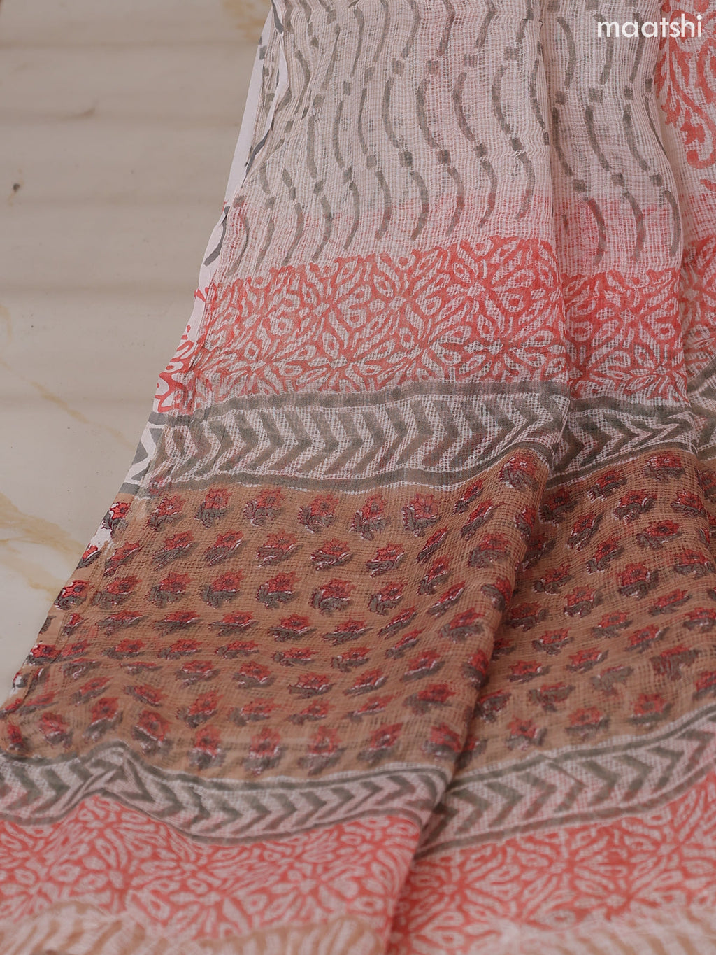 Biege and Off White & Purple Kota Dress Material With Allover Floral Prints and Bottom & Dupatta