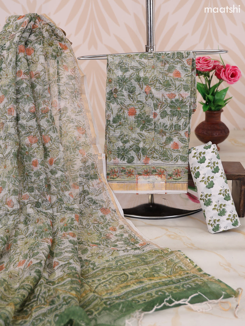 Off White and Green Kota Dress Material With Allover Floral Prints and Bottom & Dupatta