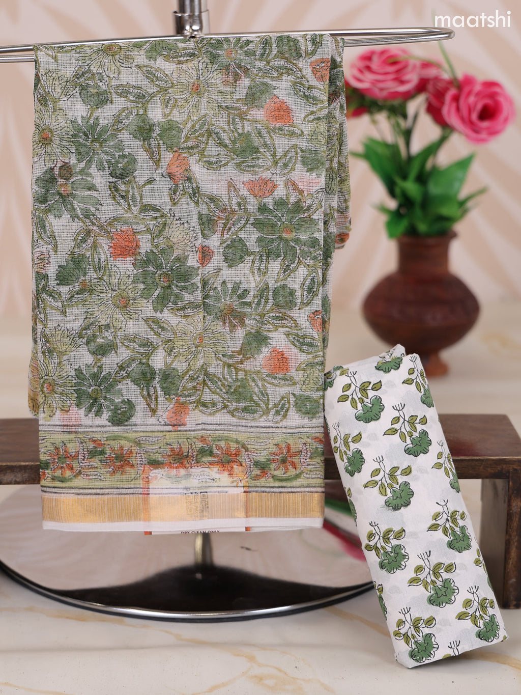 Off White and Green Kota Dress Material With Allover Floral Prints and Bottom & Dupatta