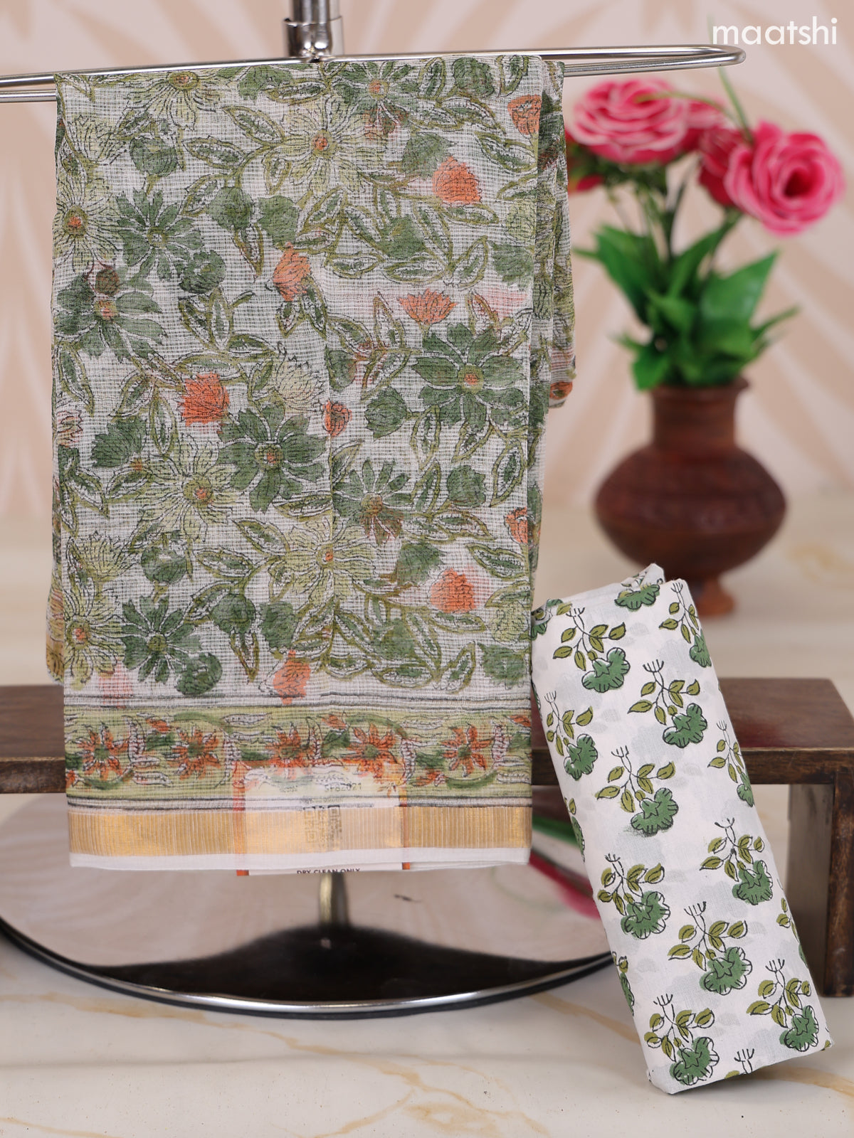 Off White and Green Kota Dress Material With Allover Floral Prints and Bottom & Dupatta