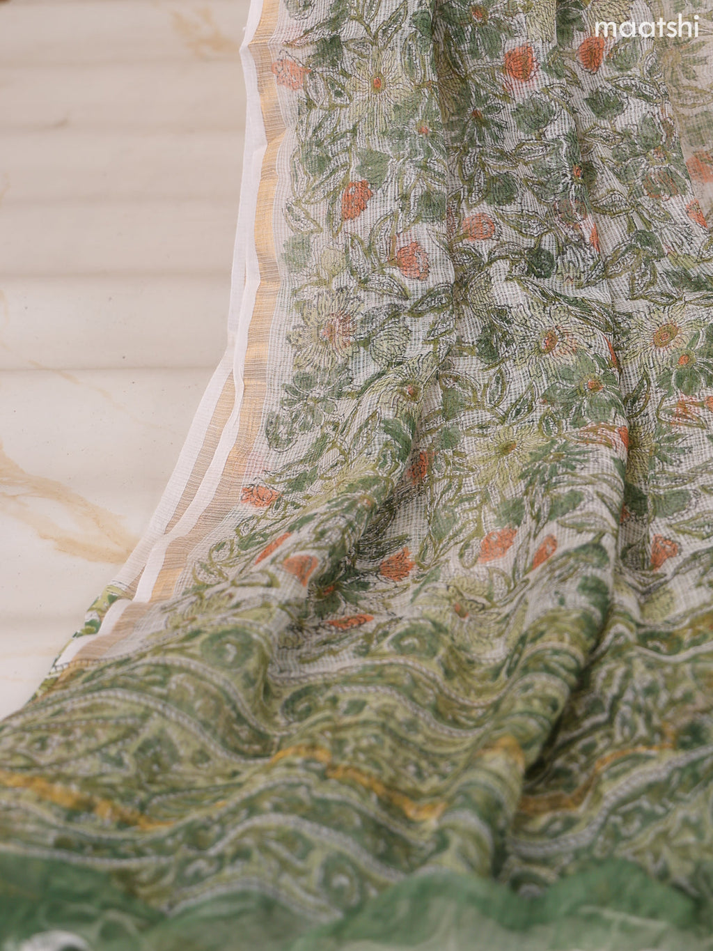 Off White and Green Kota Dress Material With Allover Floral Prints and Bottom & Dupatta