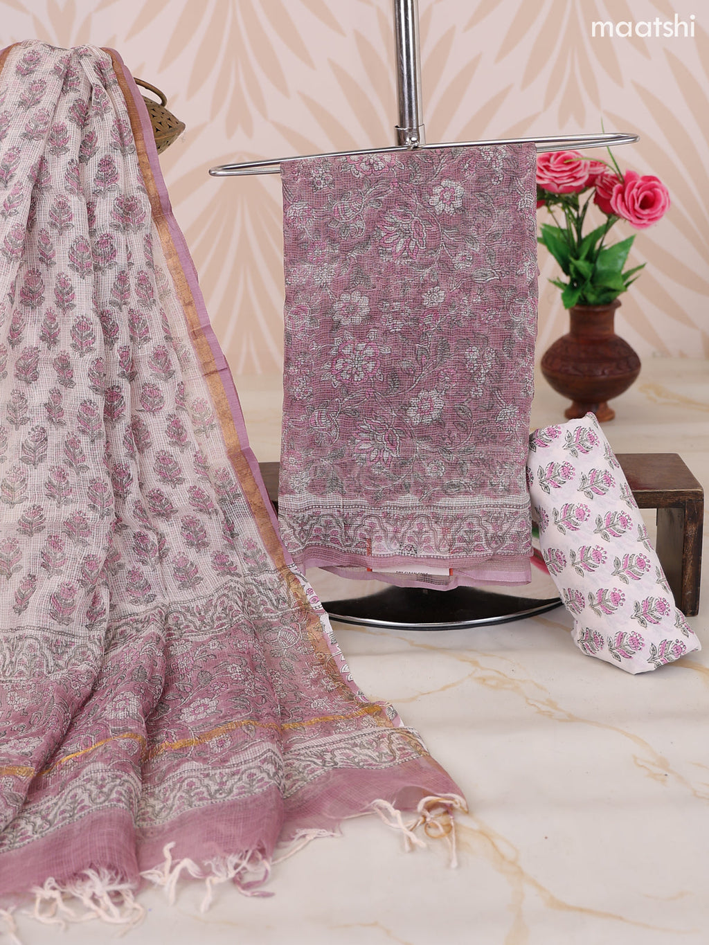Dark Mauve Pink and Off White Kota Dress Material With Allover Floral Prints and Bottom & Dupatta