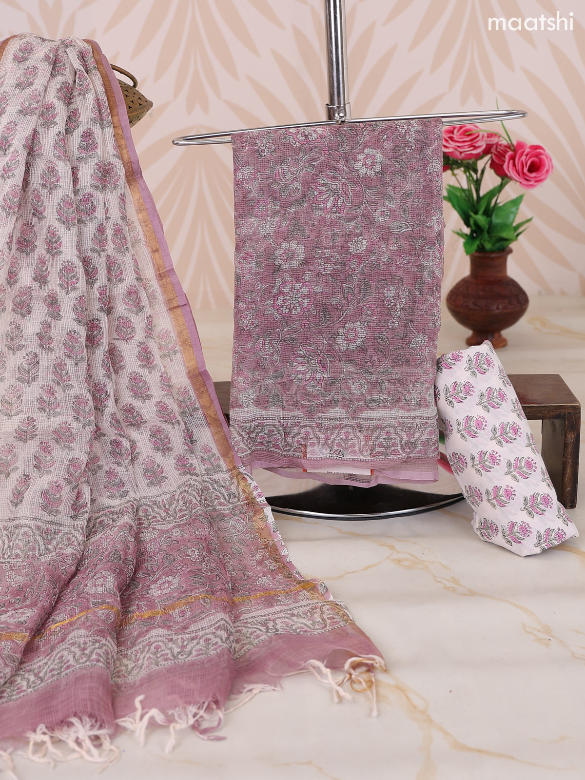 Dark Mauve Pink and Off White Kota Dress Material With Allover Floral Prints and Bottom & Dupatta