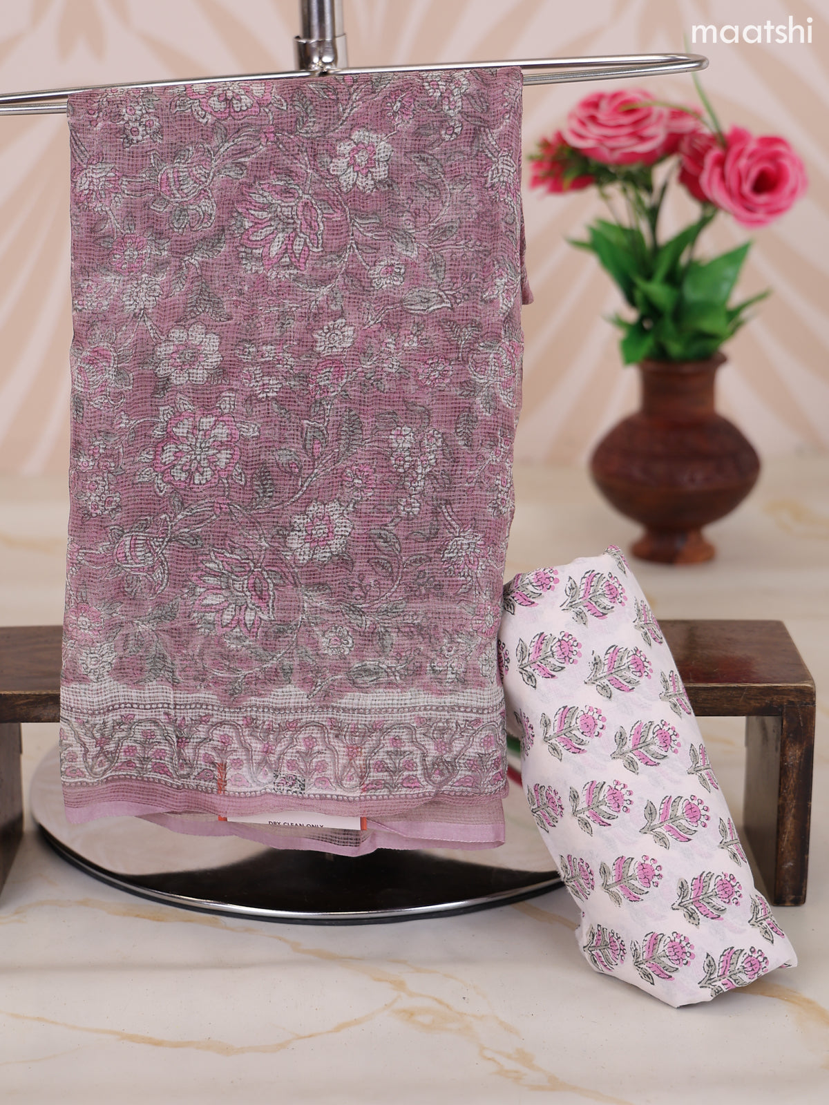 Dark Mauve Pink and Off White Kota Dress Material With Allover Floral Prints and Bottom & Dupatta
