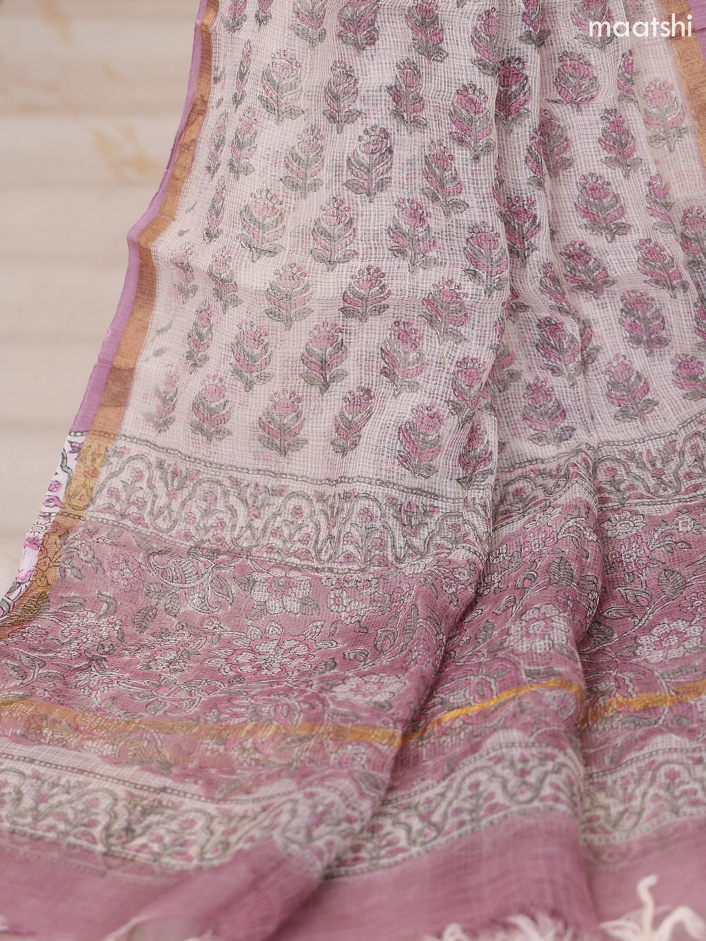 Dark Mauve Pink and Off White Kota Dress Material With Allover Floral Prints and Bottom & Dupatta