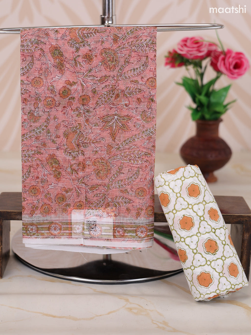 Peach Pink and Off White Kota Dress Material With Allover Floral Prints and Bottom & Dupatta