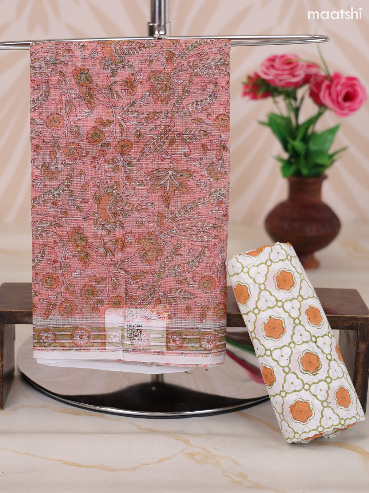 Peach Pink and Off White Kota Dress Material With Allover Floral Prints and Bottom & Dupatta