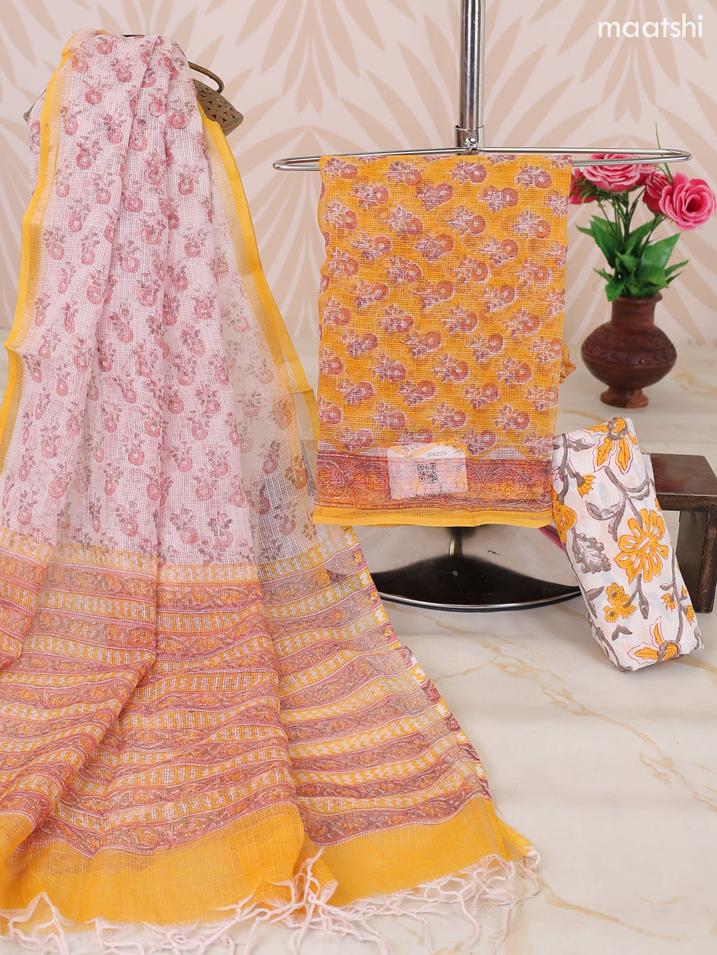 Yellow and Off White Kota Dress Material With Allover Floral Prints and Bottom & Dupatta