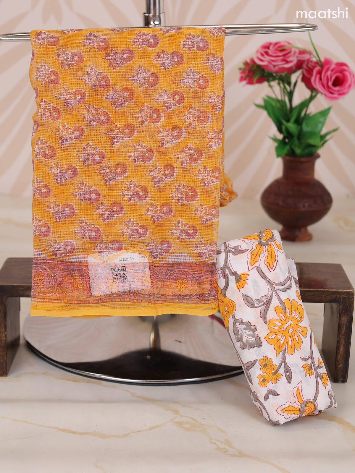 Yellow and Off White Kota Dress Material With Allover Floral Prints and Bottom & Dupatta