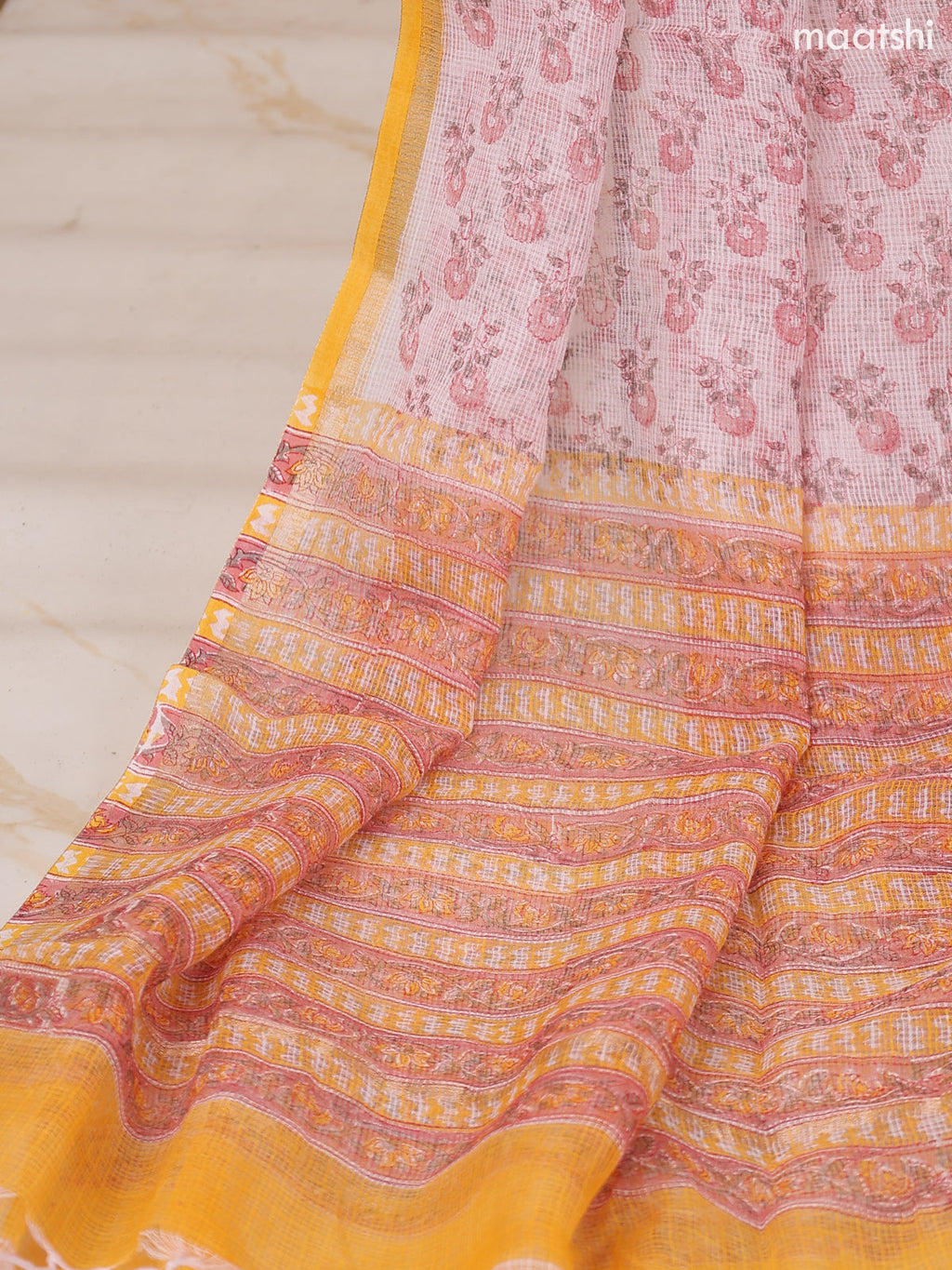Yellow and Off White Kota Dress Material With Allover Floral Prints and Bottom & Dupatta