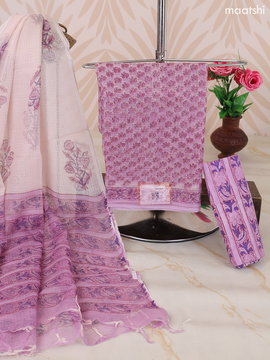 Pink and Off White Kota Dress Material With Allover Floral Prints and Bottom & Dupatta