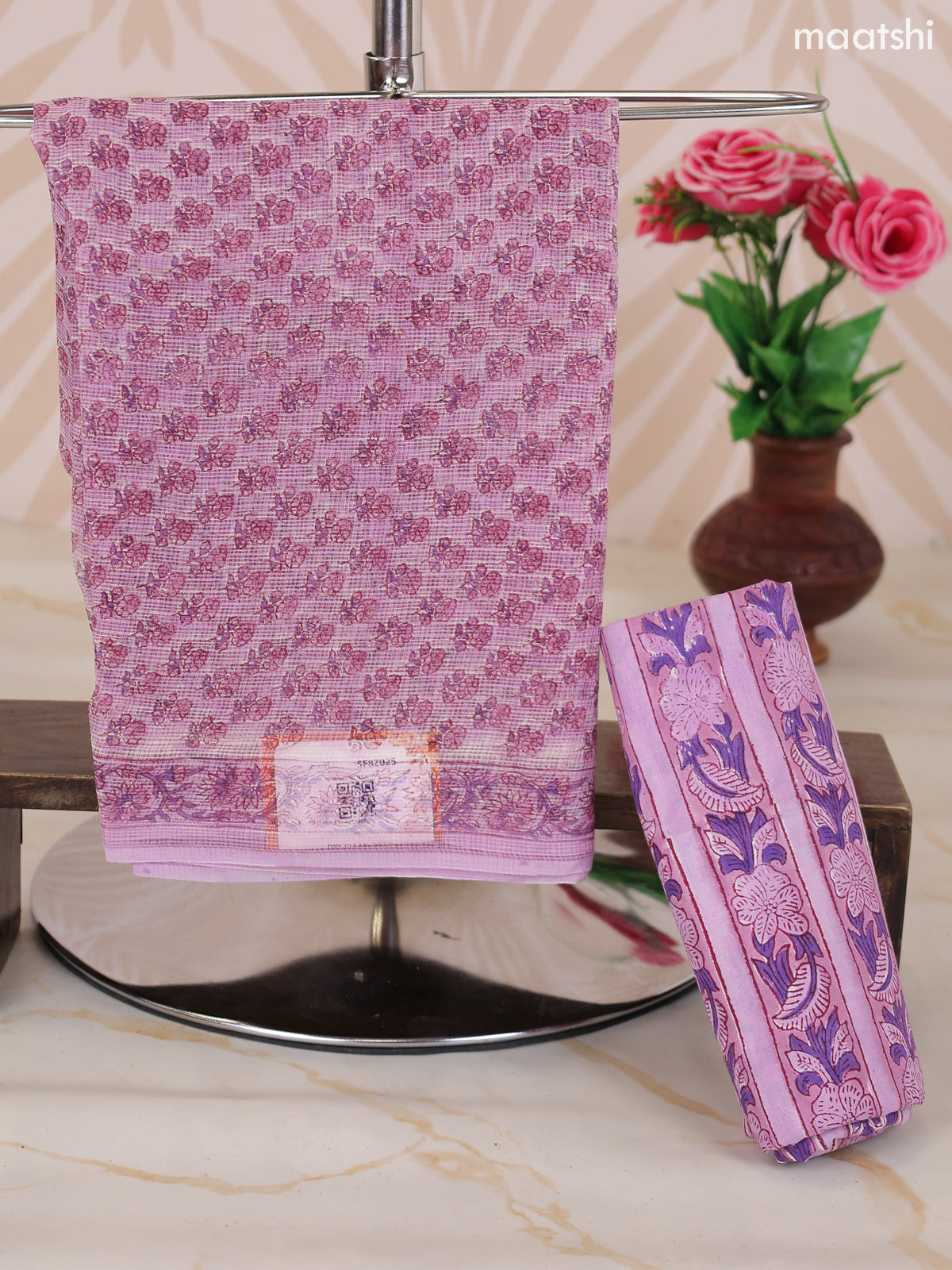 Pink and Off White Kota Dress Material With Allover Floral Prints and Bottom & Dupatta