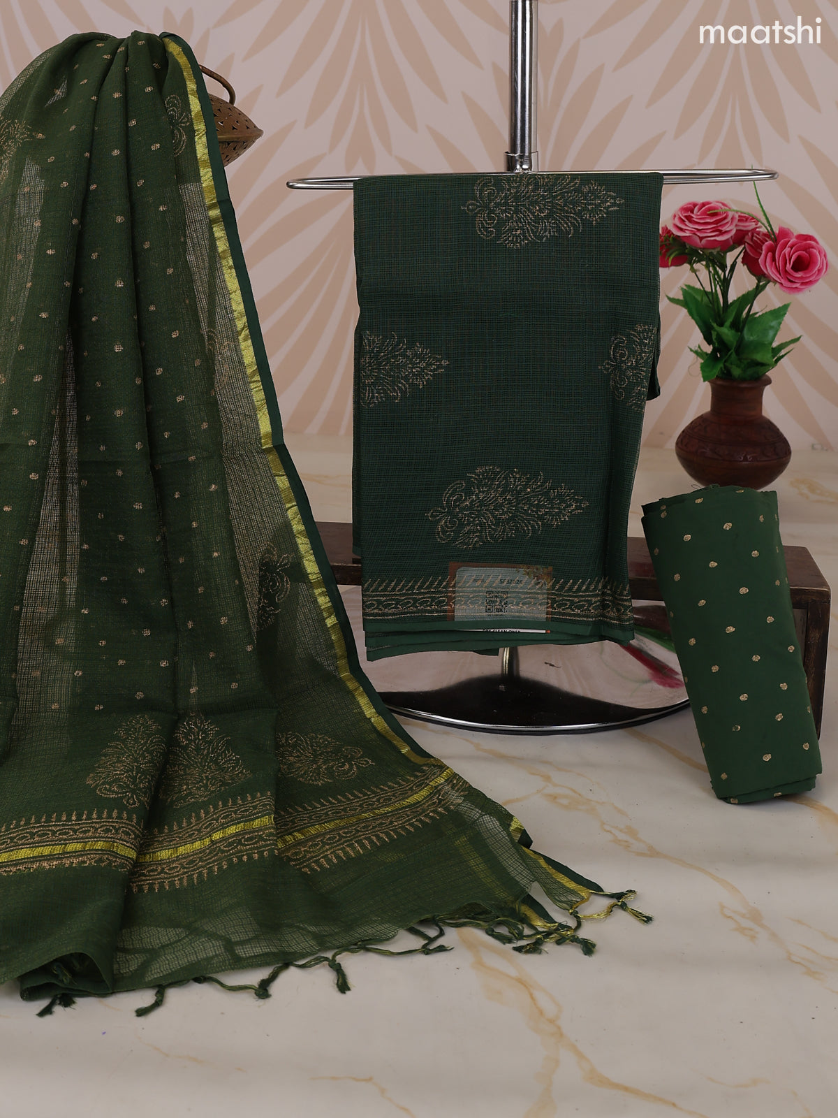 Sap Green and Gold Kota Dress Material With Allover Floral Prints and Bottom & Dupatta