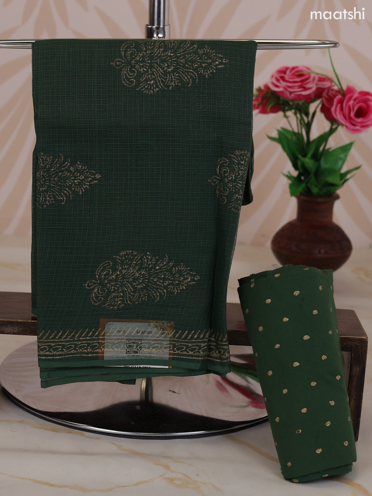 Sap Green and Gold Kota Dress Material With Allover Floral Prints and Bottom & Dupatta